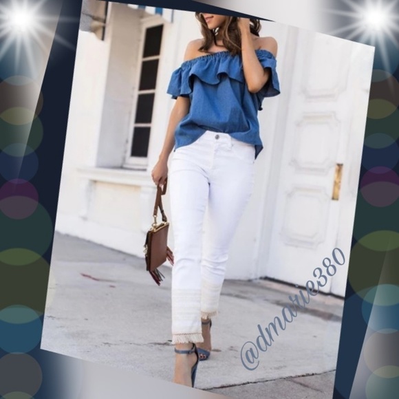 🎉 HP🎉 Blue Denim, Off Shoulder w/ ruffles blouse - Picture 3 of 3